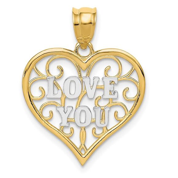14k Yellow Gold and White Rhodium Filigree Love You Pendant 18mm